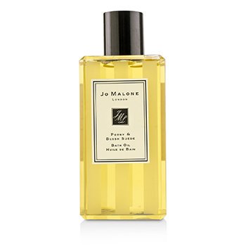 Clear glass bottle containing yellow bath oil, featuring a black cap and a label with the text "Jo Malone Peony & Blush Suede BATH OIL 8.5 OZ for WOMEN" in elegant font.