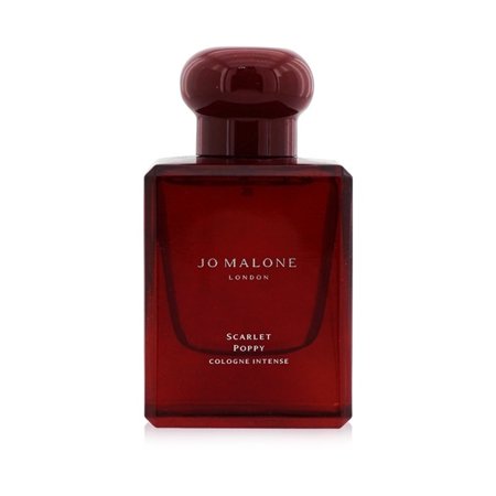 Jo Malone Scarlet Poppy Eau De Cologne Intense Spray in a clear, rectangular bottle with a deep red hue and a round, dark red cap, featuring elegant branding on the front.