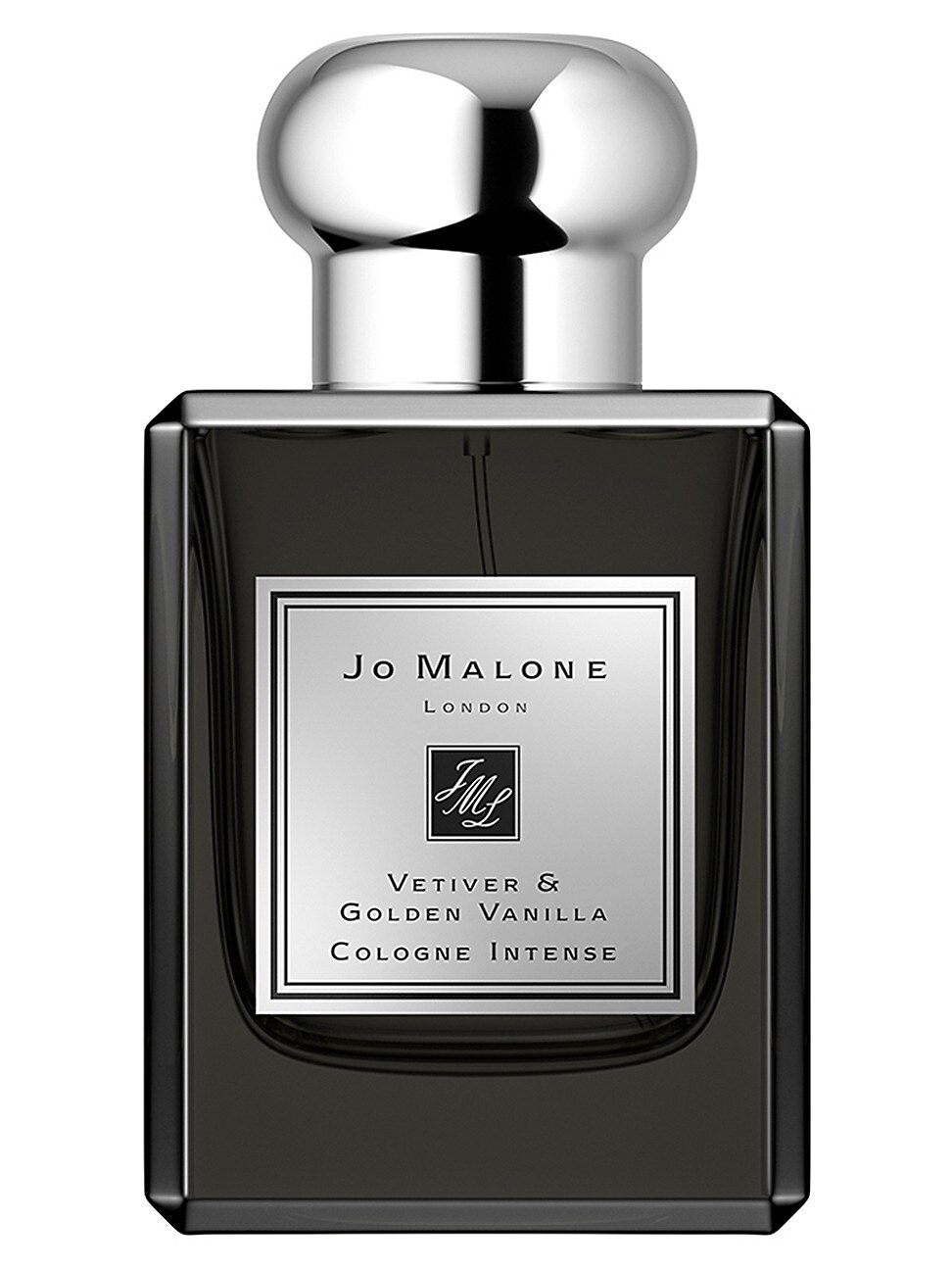 Black glass bottle with a silver cap, featuring a rectangular label that reads "Jo Malone London Vetiver & Golden Vanilla Cologne Intense" in elegant font.