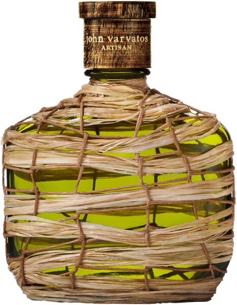 Green glass bottle wrapped in natural straw with a textured wooden cap, featuring the John Varvatos Artisan logo on top.