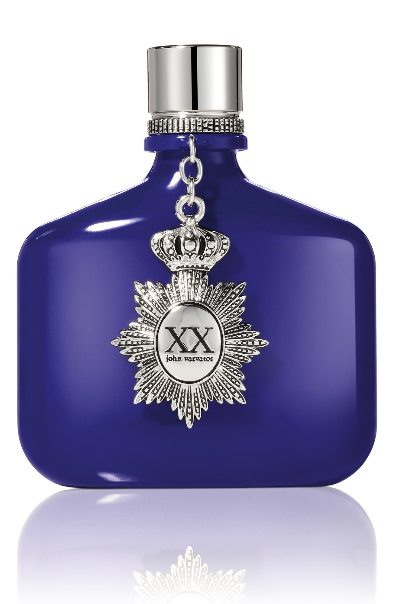 Deep blue glass bottle with a unique shape, featuring a silver crown charm and an ornate silver label displaying "XX John Varvatos," exuding a luxurious and masculine appeal.