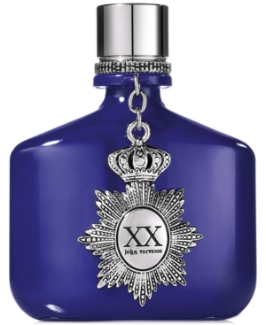 Deep blue glass bottle with a rounded shape, featuring a silver crown charm and a prominent silver label displaying "XX" and "john varvatos."
