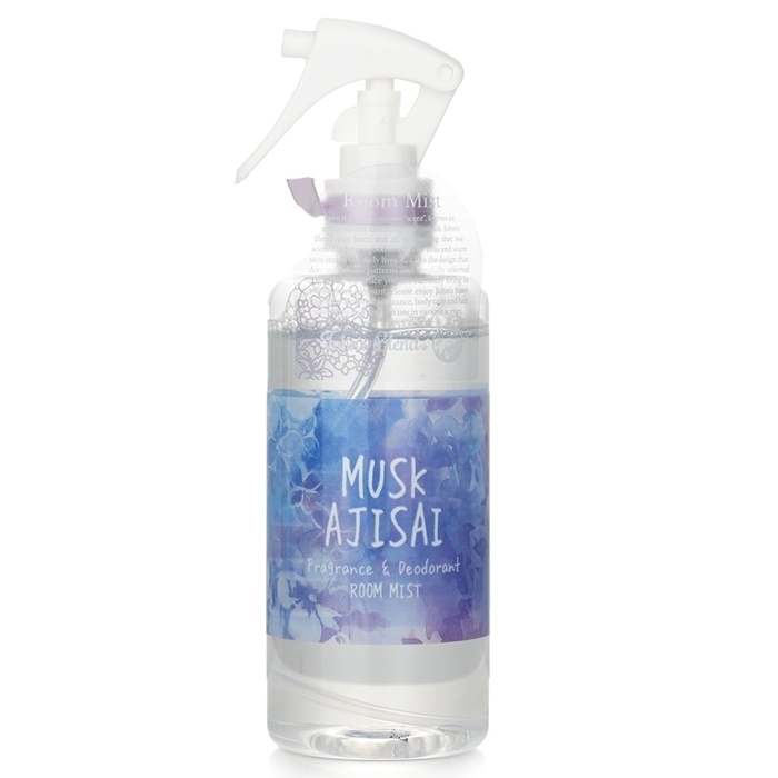 Clear plastic spray bottle containing 220ml of Musk Ajisai room mist, featuring a blue and purple floral label with white text and a white spray nozzle.