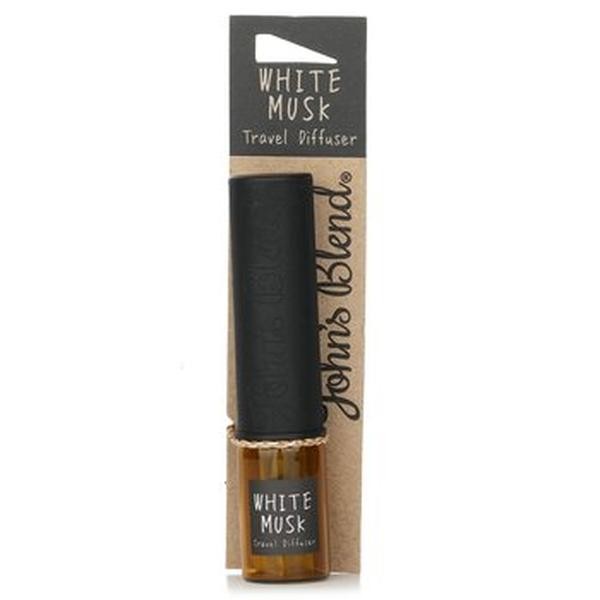White Musk travel diffuser by John's Blend features a sleek black cap, amber glass bottle, and a stylish cardboard packaging with a rustic design.