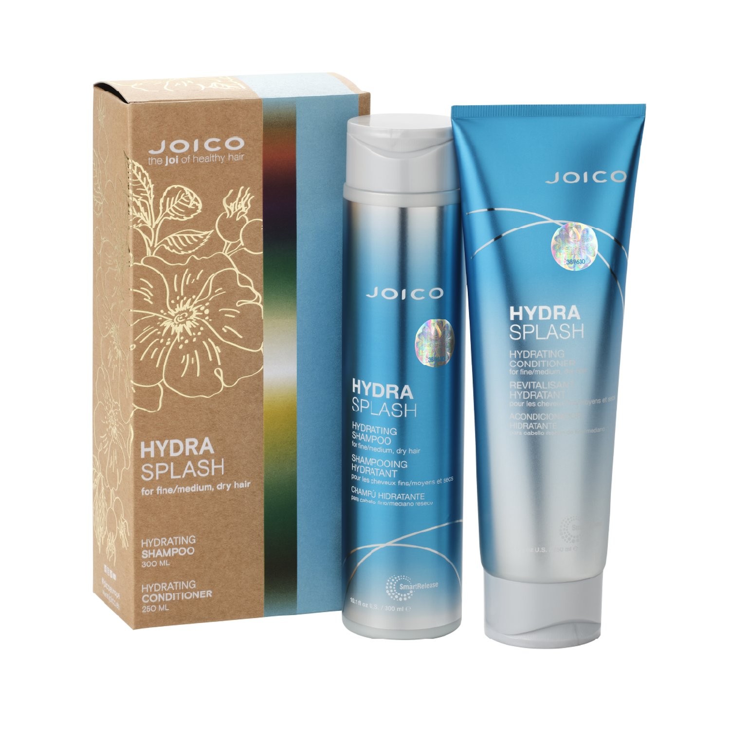 Joico Hydrasplash Shampoo and Conditioner Duo featuring a blue color scheme, with a sleek shampoo bottle and a silver conditioner tube, packaged in a floral-themed box.