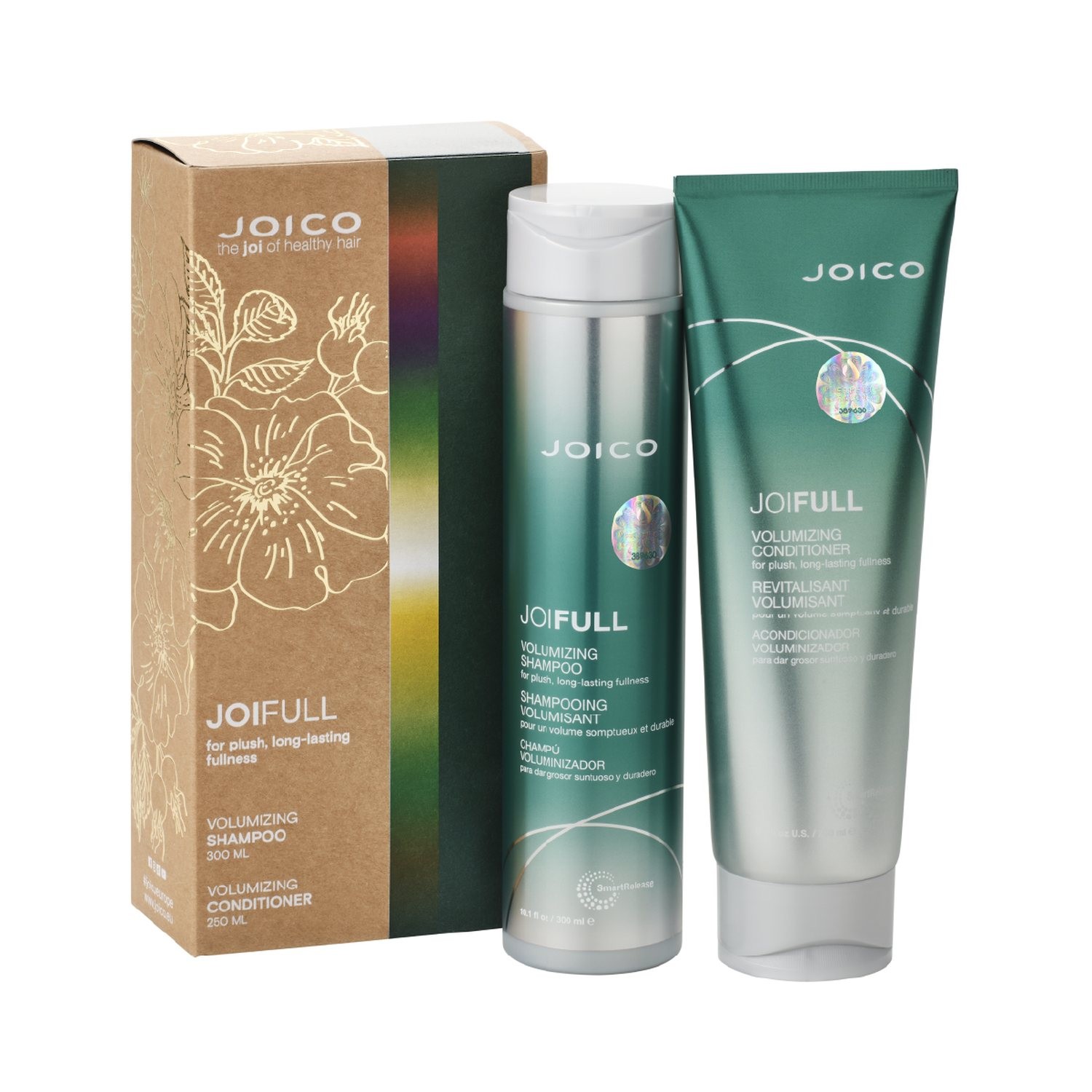 Green Joico Joifull Shampoo and Conditioner Duo, featuring a sleek bottle and tube, packaged in a floral-printed box, designed for volumizing and enhancing hair fullness.
