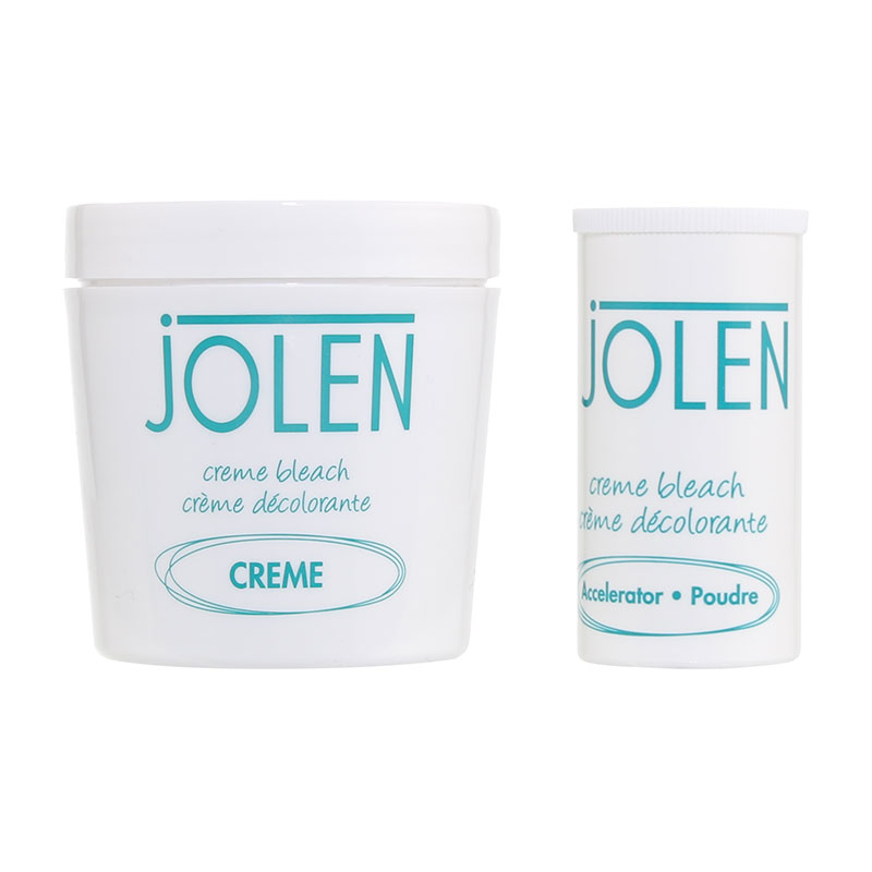 White container with turquoise text, featuring "Jolen" prominently, includes a 125 ml creme bleach jar and a smaller powder accelerator tube.
