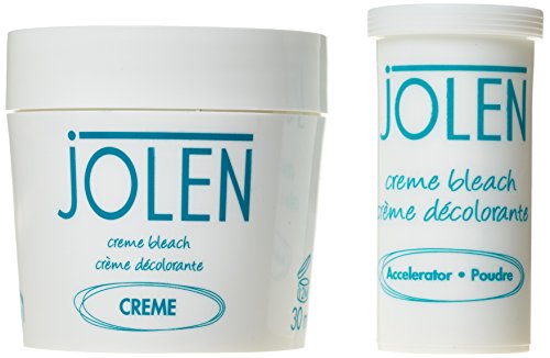 Jolen Creme Bleach Original set includes a white tub and a white cylindrical container, both labeled in blue with "Jolen" and product details, featuring a creamy texture.