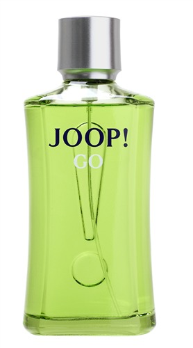 Clear glass bottle with a sleek design, featuring a vibrant green liquid, silver cap, and bold "JOOP! GO" logo in dark blue.