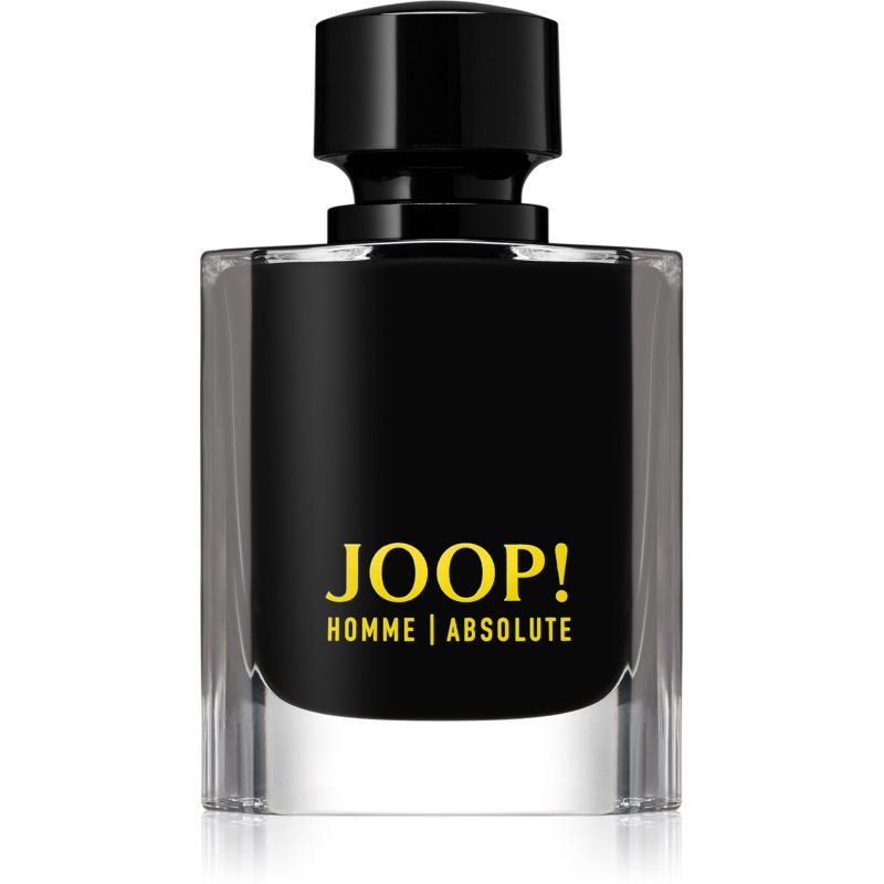 Black glass bottle with a sleek design, featuring a black cap and bold yellow text reading "JOOP! HOMME ABSOLUTE," containing 80ml of Eau De Parfum.