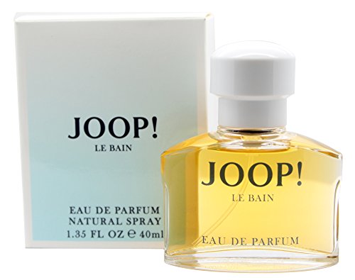 Clear glass bottle of Joop! Le Bain Eau De Parfum, 40ml, with a white cap, alongside a light blue and white box featuring the brand name and product details.