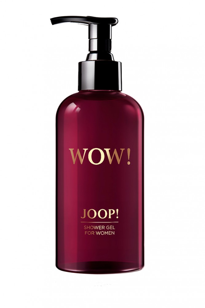 A sleek, dark pink bottle of Joop! Wow! Shower Gel for Women, featuring a black pump dispenser and bold gold lettering on the front.