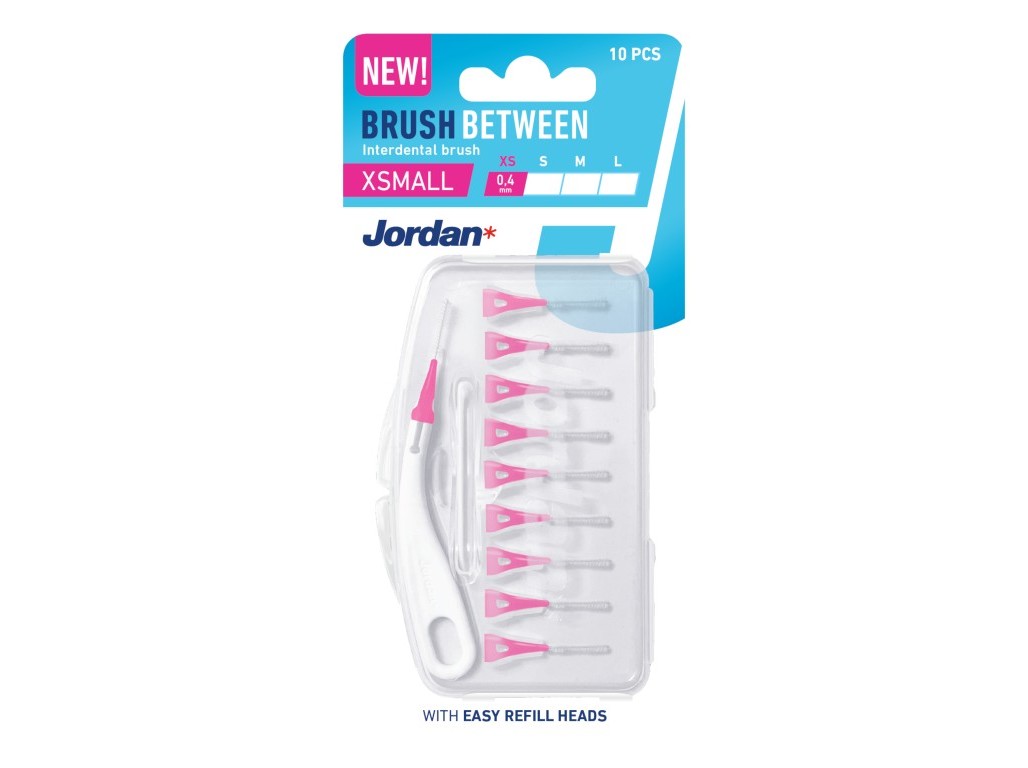 Interdental brushes in a clear plastic case, featuring ten pink and white brushes labeled XS, designed for cleaning between teeth, with a refill head included.
