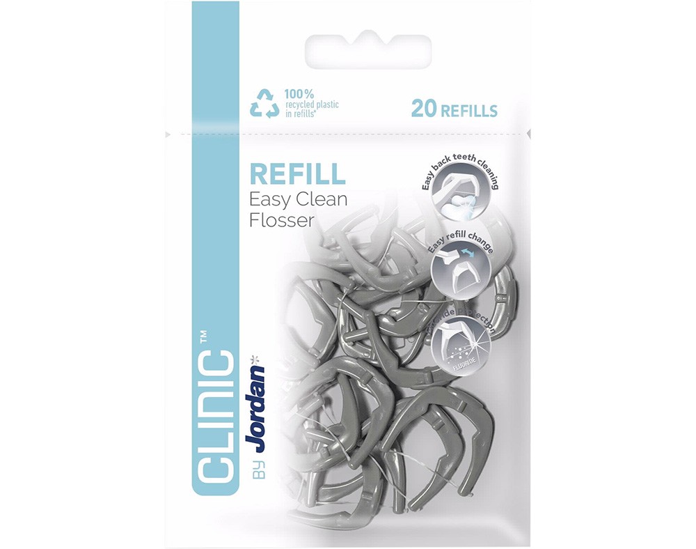 Gray dental flossers in a clear plastic packaging, labeled "REFILL Easy Clean Flosser" by Jordan, featuring 20 refill units with a recyclable symbol.