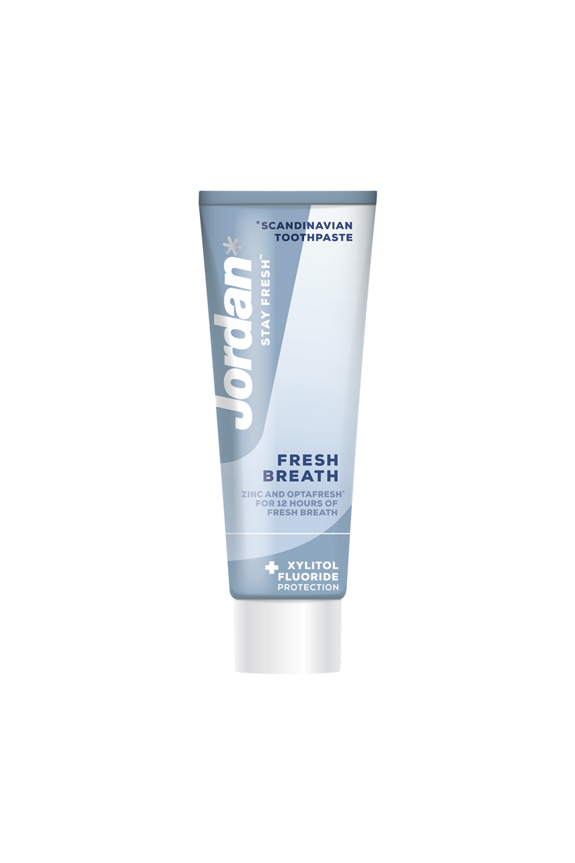 Jordan Fresh Breath Toothpaste in a 75 ml blue and white tube, featuring a sleek design with "Stay Fresh" and "Fresh Breath" text, highlighting zinc and fluoride protection.