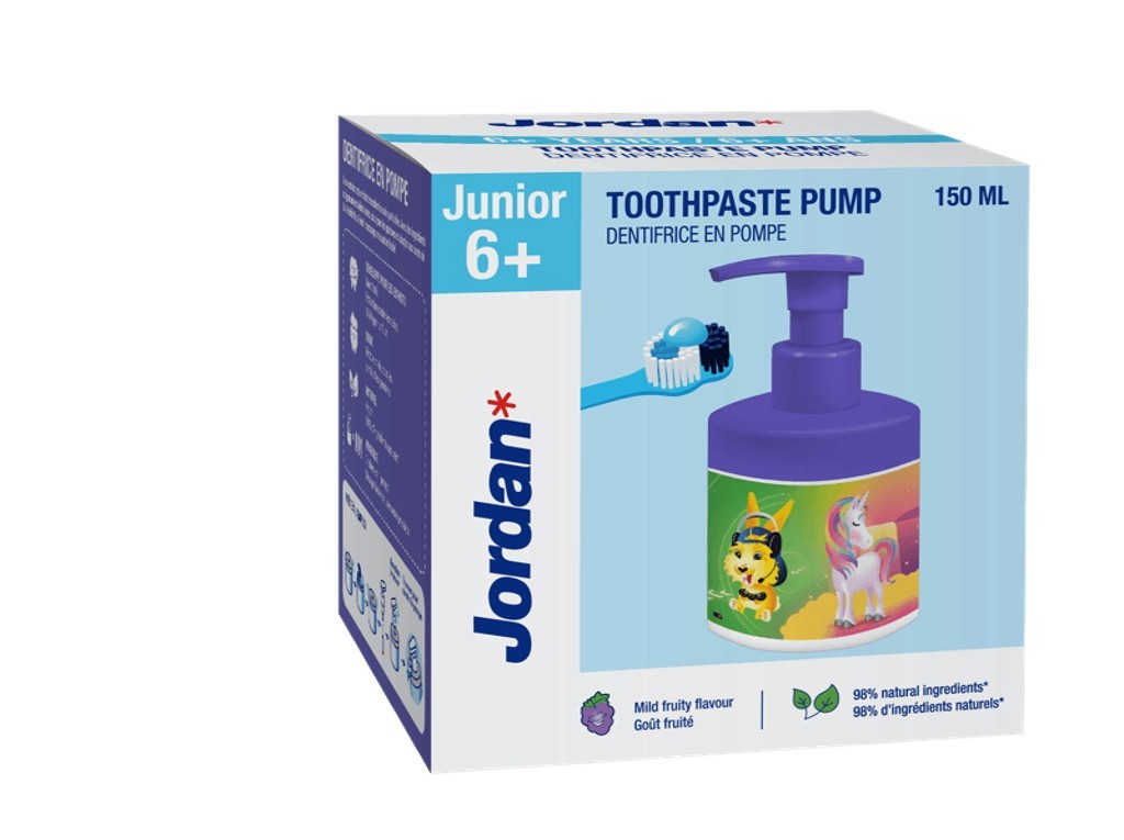 Jordan Junior Toothpaste Pump in a colorful box featuring a unicorn and animal design, with a purple pump dispenser, offering 150 ml equivalent to three regular tubes.