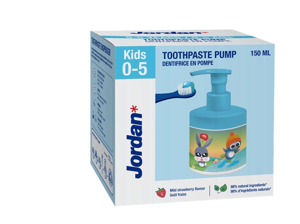 Jordan Kids Toothpaste Pump for ages 0-5, 150ml, featuring a colorful box with cartoon characters, a pump dispenser, and a mild strawberry flavor label.