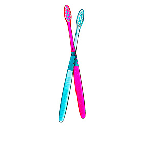 Two soft-bristled toothbrushes in vibrant pink and blue colors, featuring ergonomic handles with textured grips for comfortable use.