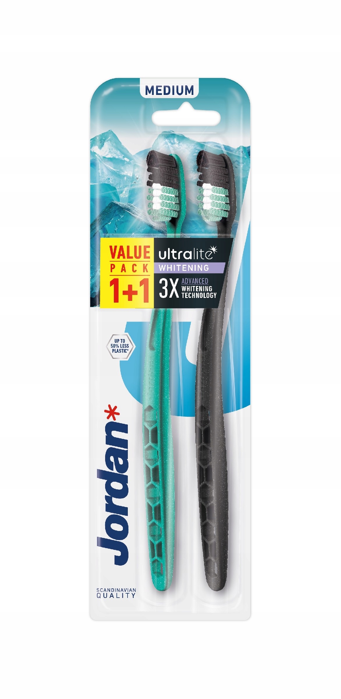 Two medium toothbrushes in a value pack, one black with teal accents and one white with teal bristles, featuring advanced whitening technology.