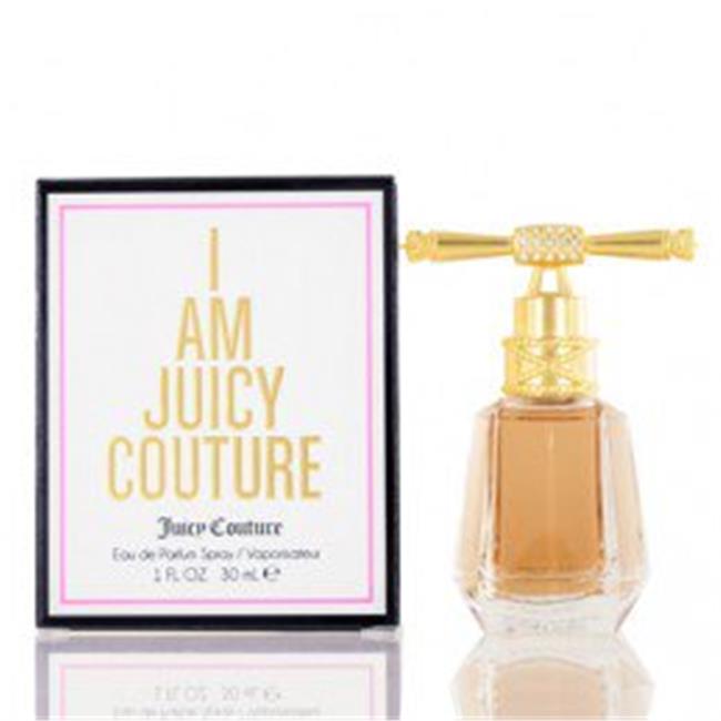 Clear glass perfume bottle with a gold atomizer, featuring a pink and gold box labeled "I Am Juicy Couture" and containing 30ml of Eau de Parfum.