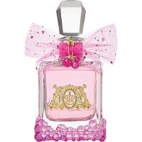 Clear glass perfume bottle with a pink liquid, adorned with a pink bow and beaded base, featuring a gold crown logo and a faceted silver cap.