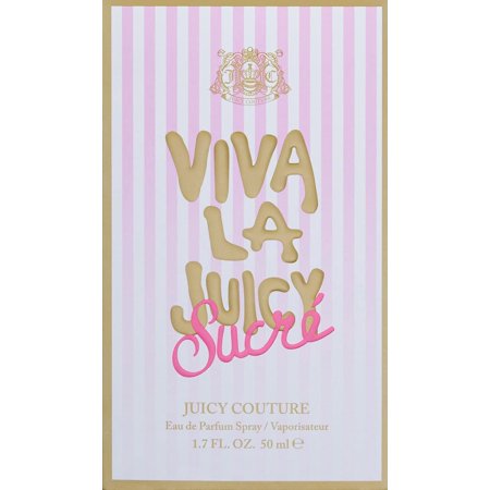 Viva La Juicy Sucre Eau De Parfum packaging features pink and gold stripes with bold, playful lettering and a pink cursive signature, housed in a gold-bordered box.