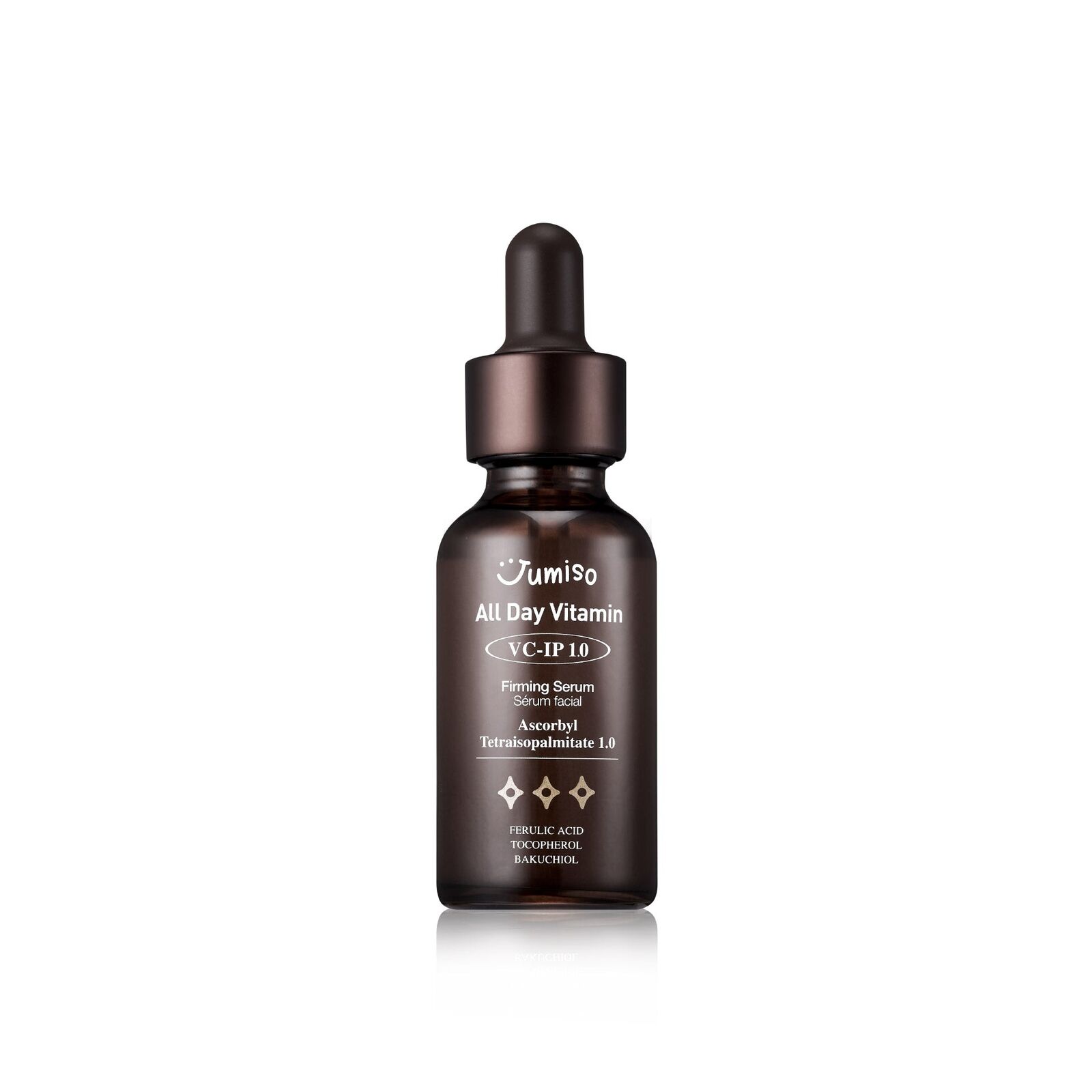 Brown glass dropper bottle with a dark brown cap, labeled "Jumiso All Day Vitamin VC-IP 1.0 Firming Serum 30 Ml," featuring white text and a sleek, minimalist design.