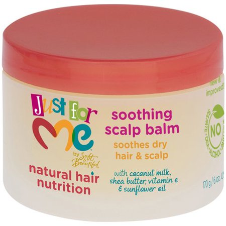 Just For Me Soothing Scalp Balm in a 6 oz. container, featuring a light cream base with a red lid, labeled for dry, damaged hair, enriched with coconut milk and shea butter.