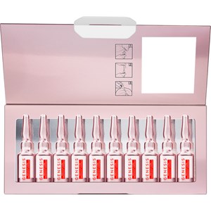 Ten pink glass ampoules in a sleek silver box, labeled "GENESIS," designed for fortifying anti-hair loss care, with a clear window for visibility of the contents.
