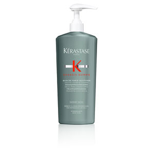 Kérastase Genesis Homme Bain De Force Quotidien Shampoo in a sleek, gray bottle with a white pump, featuring a bold red logo and a capacity of 1000ml/34oz.