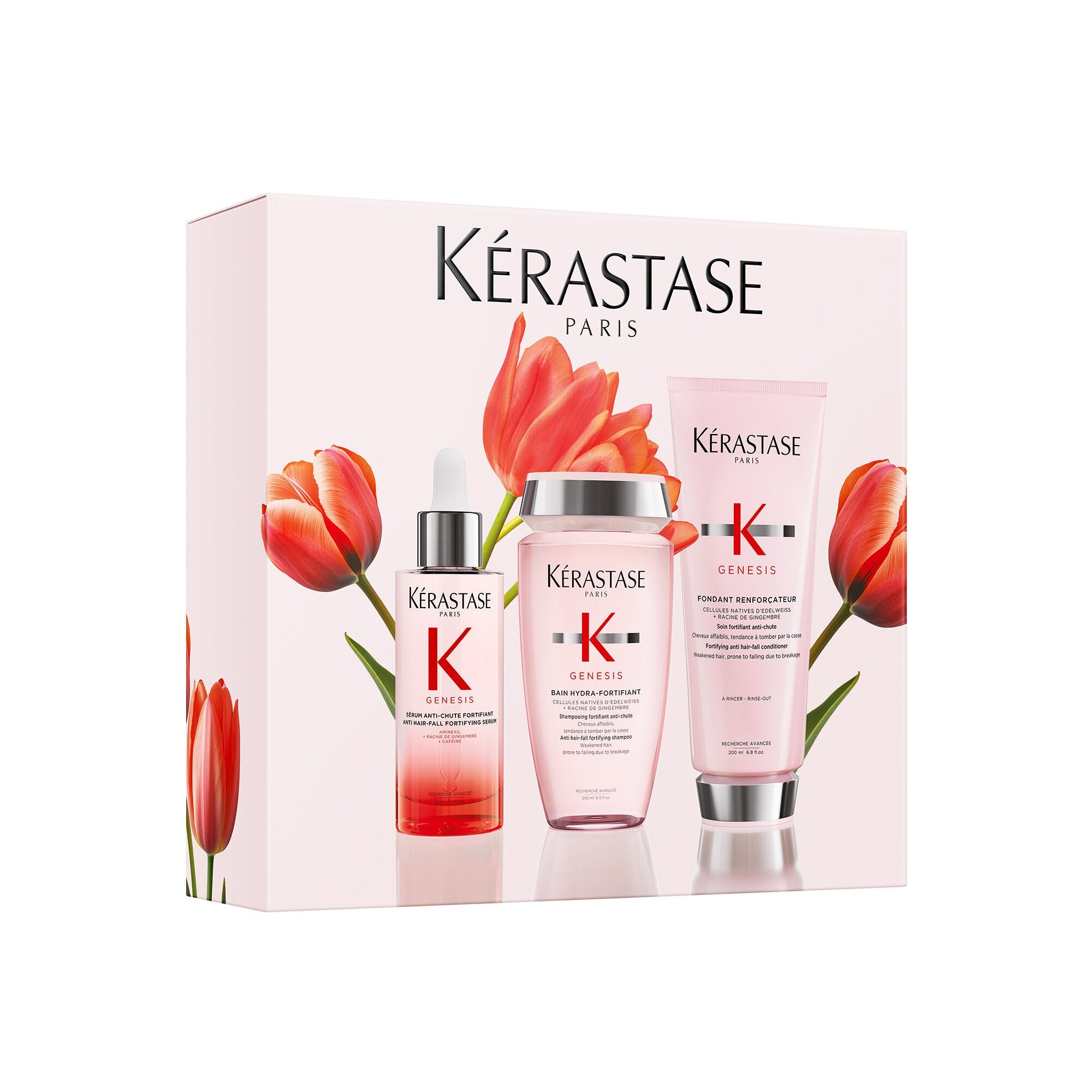 Kérastase Genesis Trio Spring Gift Set featuring a pink box adorned with tulips, containing a serum, conditioner, and hair mask, all in elegant packaging.