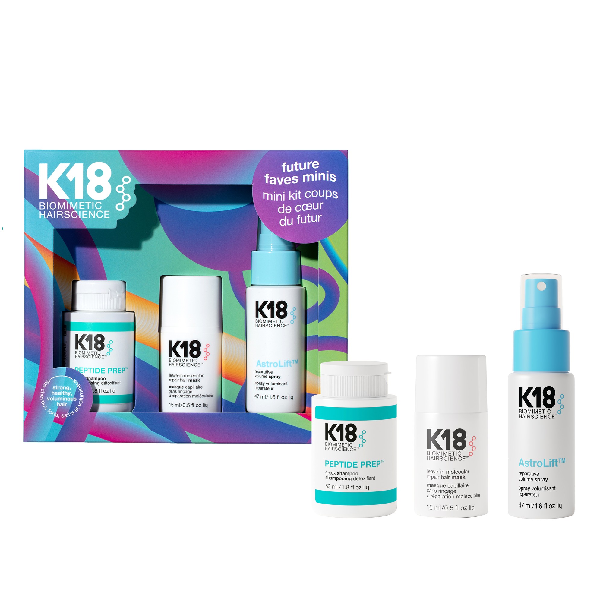 K18 Biomimetic Hairscience Future Favs Minis kit includes three products: a blue spray, a white bottle labeled "PEPTIDE PREP," and a clear spray, all in a colorful box with abstract design.