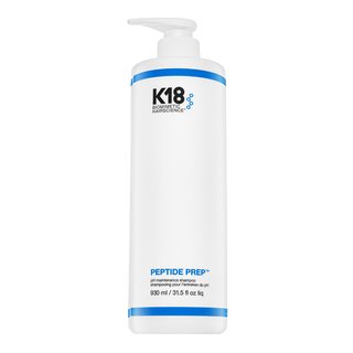White shampoo bottle with a blue accent, featuring the K18 logo and "Peptide Prep PH Maintenance Shampoo" label, 930 ml size, sleek design for easy handling.