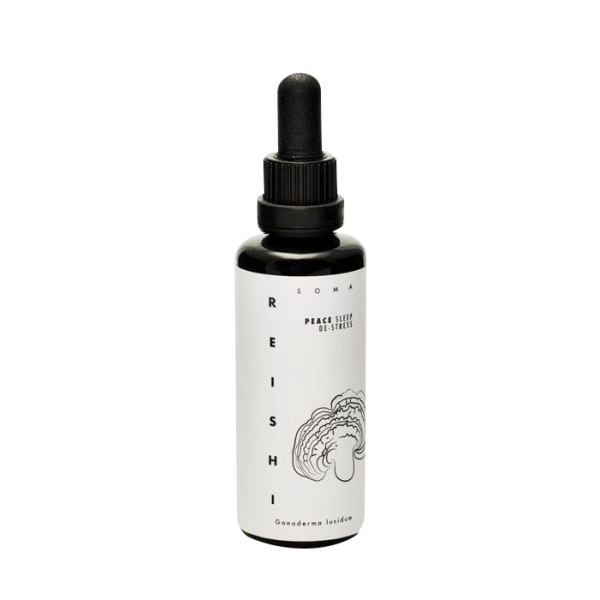 Black glass dropper bottle with a white label featuring the word "REISHI" and an illustration of a mushroom, containing 50 ml of tincture by Kaapa Mushrooms.