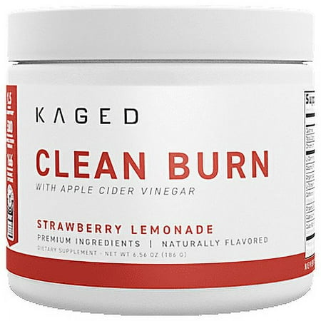White container with a red and black label, featuring "Kaged Clean Burn" in bold text, flavored strawberry lemonade, 6.56 oz (186 g), and details about premium ingredients.