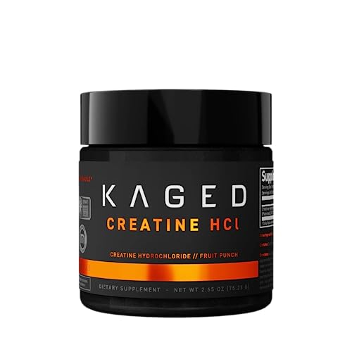 Black and orange container of Kaged Creatine HCl in Fruit Punch flavor, featuring a clear label with product details and a black lid, weighing 2.65 oz (75.23 g).