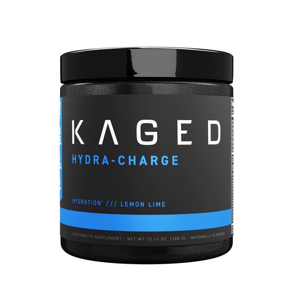 Black container with a blue label, featuring bold white text that reads "KAGED HYDRA-CHARGE" and "HYDRATION LEMON LIME," net weight 9.74 oz (276 g), designed for electrolyte supplementation.