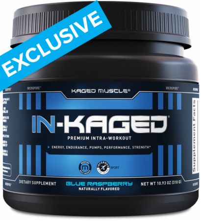 Black container with a blue label, featuring "IN-KAGED" in bold white letters, labeled as "Premium Intra-Workout," with "Blue Raspberry" flavor and 307g net weight.