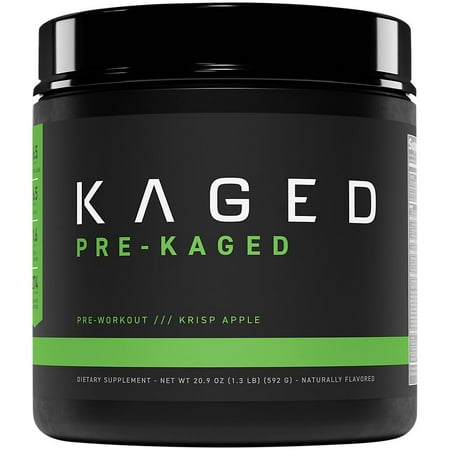 Black container with a green label featuring "KAGED" and "PRE-KAGED" in bold letters, indicating a pre-workout supplement in Crisp Apple flavor, weighing 1.24 lb (564 g).