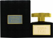 Kajal Yasmina Eau De Parfum 100ml features a sleek black bottle with a gold cap and label, presented in a matching black box with elegant gold accents.