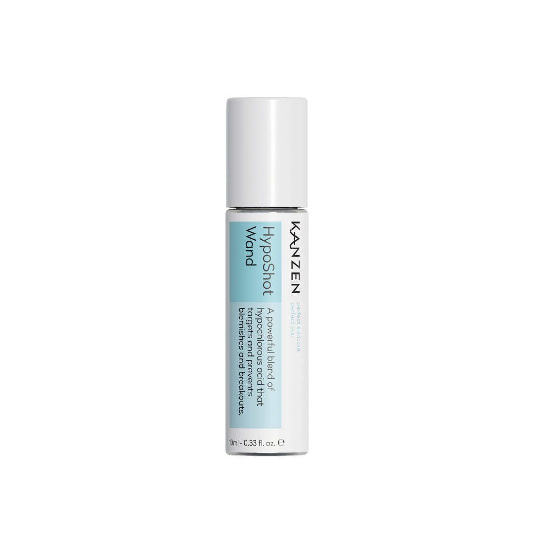 A sleek, light blue tube with a white cap, labeled "Kanzen HypoShot Acne Wand," designed for targeted acne treatment, featuring a precise applicator tip.