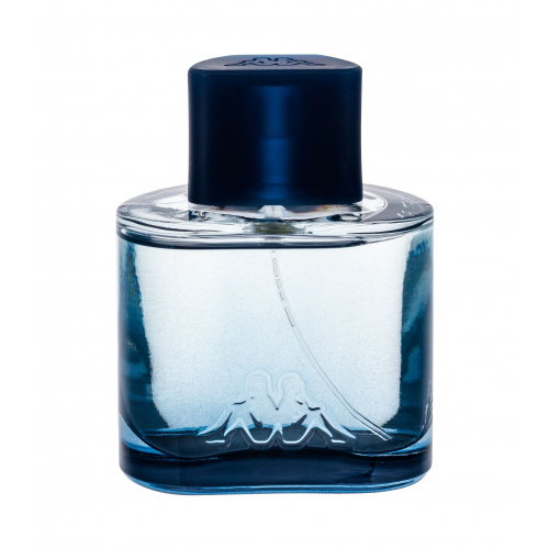 Clear glass bottle with a blue tint, featuring a navy blue cap and a subtle logo of two figures on the front, containing Kappa Azzurro Sport Eau De Toilette 100ml.