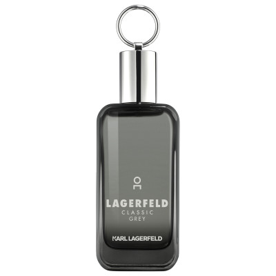 Clear glass bottle of Lagerfeld Classic Grey Eau De Toilette, featuring a sleek rectangular shape, silver cap, and keyring attachment, with bold white text on the front.