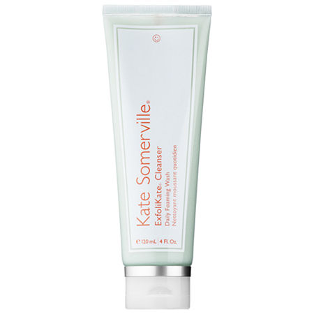 Light green tube of Kate Somerville ExfoliKate Cleanser Daily Foaming Wash, 120ml, featuring a white cap and bold black text with product details.
