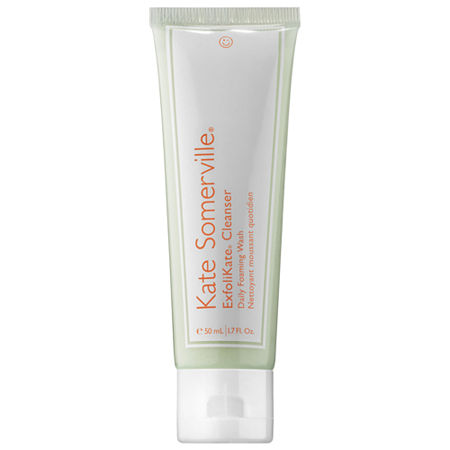 Green tube of Kate Somerville ExfoliKate Cleanser Daily Foaming Wash, 1.7 Fl. Oz, featuring white text and a flip-top cap, designed for daily use to exfoliate and cleanse skin.