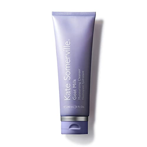 Lavender tube of Kate Somerville Goat Milk Moisturizing Cleanser, featuring a flip-top cap, labeled with product name and description, 240 ml size.