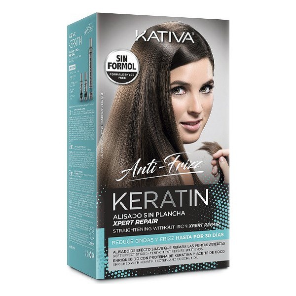 Kativa's Keratin Anti-frizz Repair Tips Set, featuring a sleek black and teal box, includes three products designed for hair straightening and frizz control without heat.