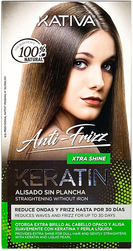 Kativa Extra Shine Anti-Frizz Keratin Smoothing packaging features a sleek design with a model's straight hair, emphasizing its anti-frizz benefits and natural ingredients.