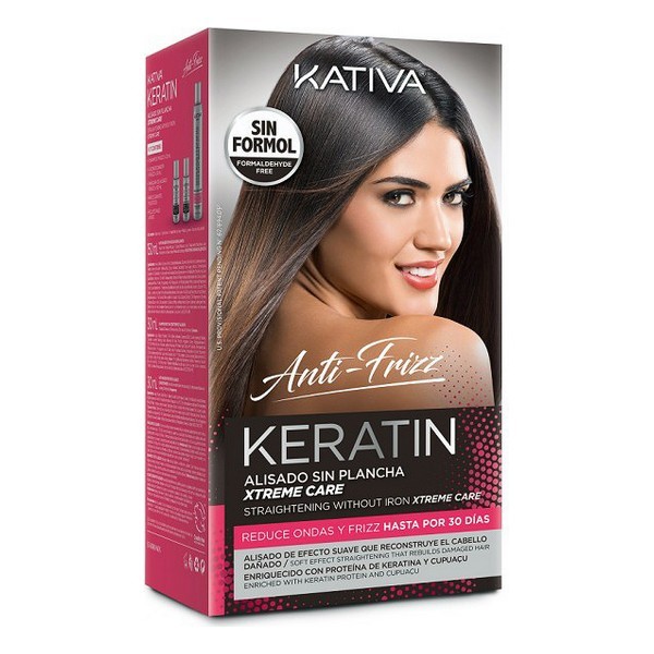 Kativa Keratin Anti-Frizz Set featuring a sleek box design in pink and black, highlighting "No Ironing" and "30 Days" with an image of a woman showcasing smooth hair.
