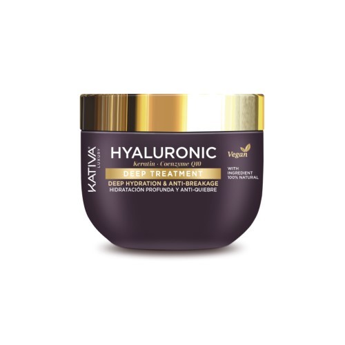Purple jar with a gold lid, labeled "Hyaluronic Keratin & Coenzyme Q10 Deep Treatment 300 Ml" by Kativa, emphasizing deep hydration and anti-breakage, vegan formula.